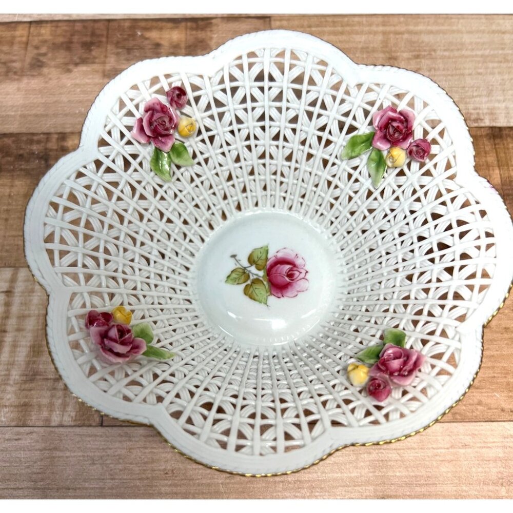 Vintage Klausenburg Porcelain Lattice Bowl With Raised Pink Roses And Gold Trim